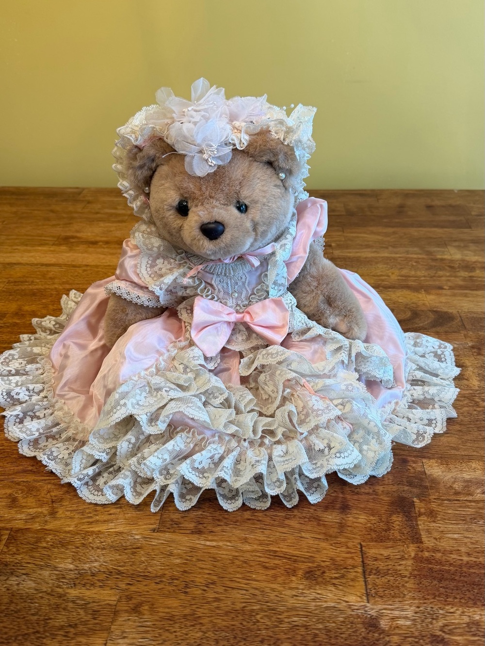 Vintage-Style Plush Teddy Bear in Pink Lace Dress
